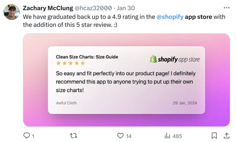 Clean Size Charts five star review Shopify App Store